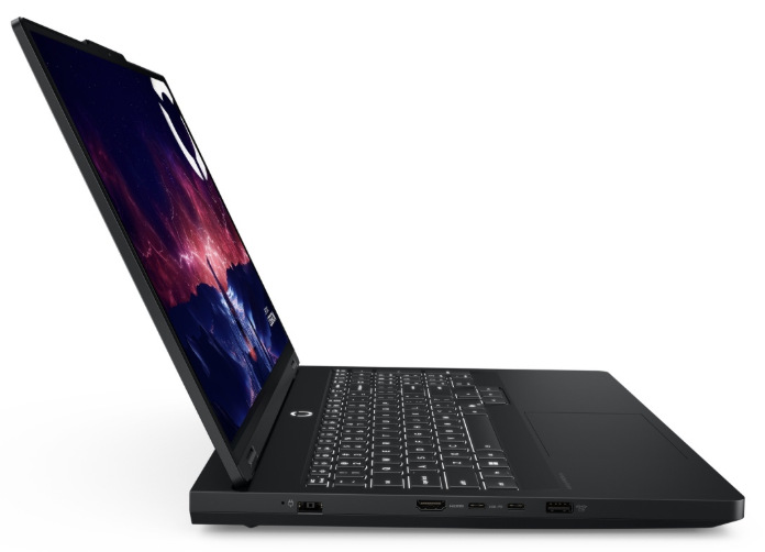Boční pohled na notebook Lenovo Legion Pro 5 16IAX10H s HDMI, USB-C, USB-A a síťovým konektorem