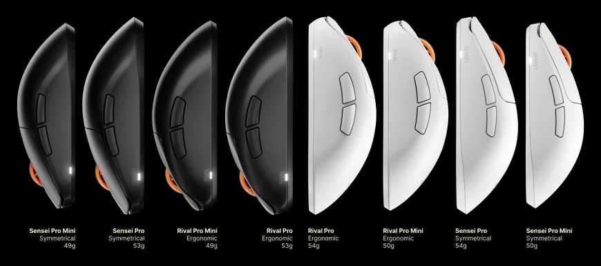 Myš SteelSeries Sensei Pro WL Mini bílá Porovnání tvarů a velikostí Rival Pro a Sensei Pro v osmi variantách včetně Mini
