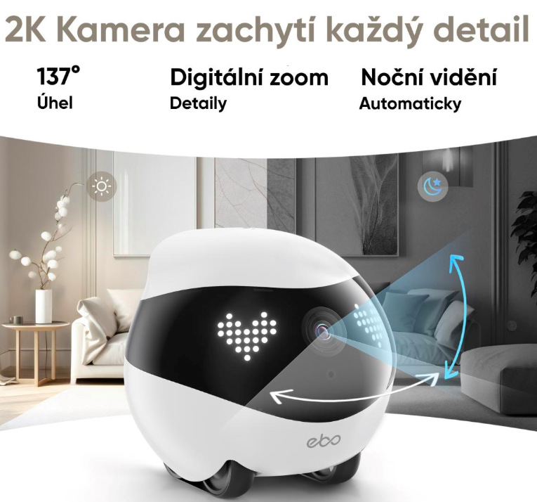 Detail 2K kamery Enabot EBO Air 2 se širokým úhlem 137° a automatickým nočním viděním