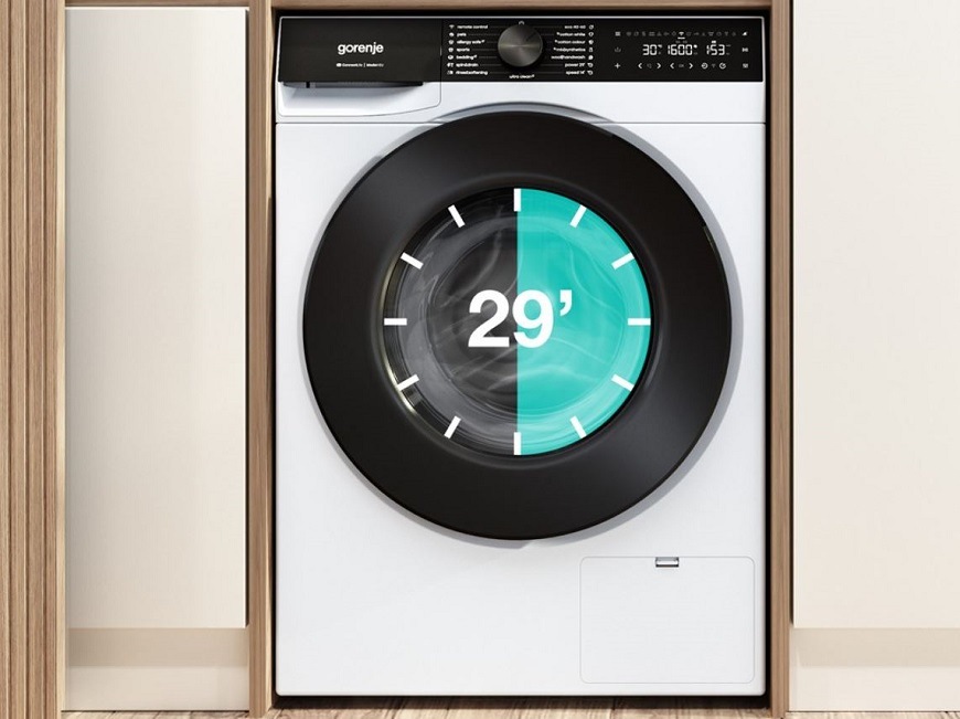Pračka Gorenje G600 WG614A4P1 FastWashPro bílá pračka gorenje FastWashPro a v jejim bubnu jsou videt hodiny s 29 minutami. Je to znazornění kratkého programu.