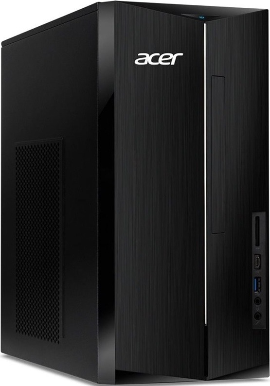Na obrázku je stolní počítač Acer Aspire TC-1860 v černém provedení z předního šikmého pohledu. Skříň má vysoký hranatý tvar, jemně rýhovaný čelní panel a bílé logo Acer v horní části. Uprostřed přední strany vede úzká stříbrná linka a vpravo je svislý panel s čtečkou karet, porty USB-C a USB-A a dvěma audio konektory. Levý boční panel má velkou perforovanou větrací mřížku pro chlazení.