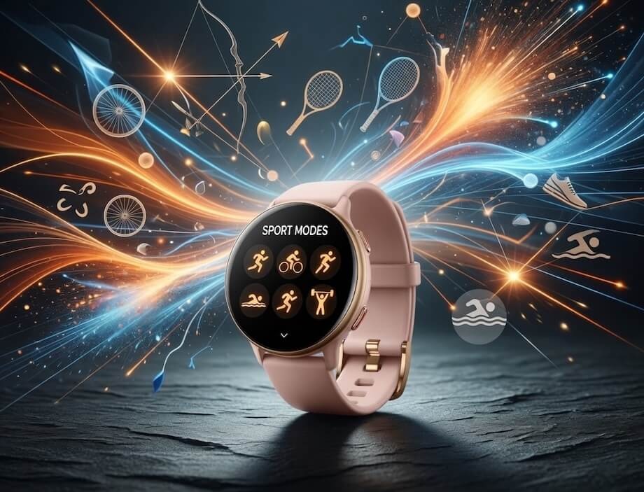 Chytré hodinky Carneo GTR Active HR+ růžové/zlaté Detail zápěstí s hodinkami a ilustrace tenisových raket, jízdních kol či plavců symbolizující širokou škálu podporovaných sportů