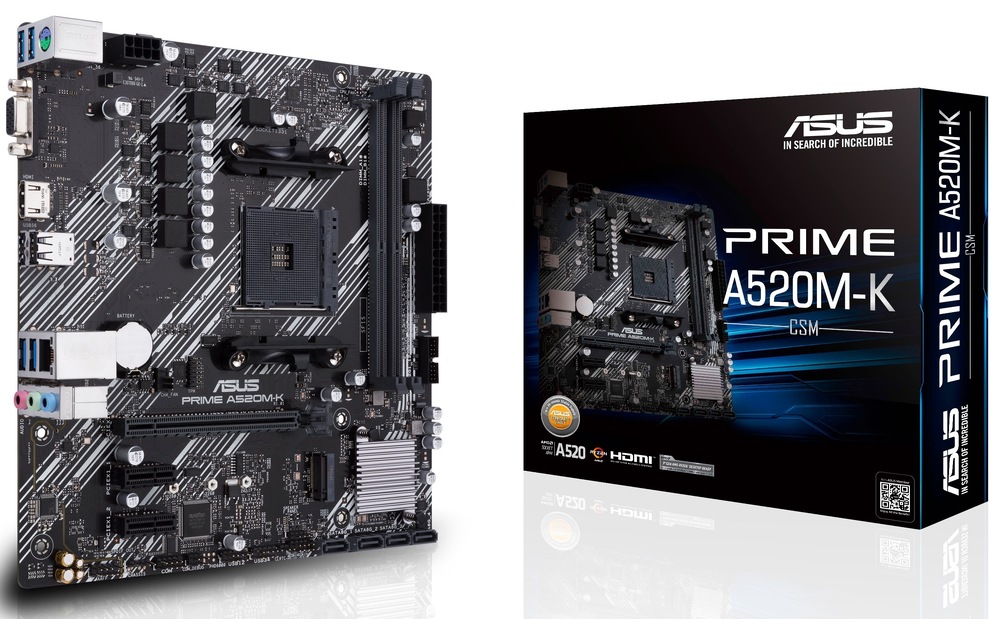 Základní deska Asus PRIME A520M-K Ukázka balení základní desky. Krabice popisem a vesle, na boku stojící, základní deska.
