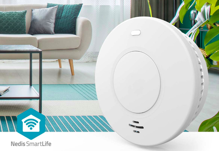 Přední strana detektoru kouře Nedis SmartLife Wi-Fi s testovacím tlačítkem a LED indikací