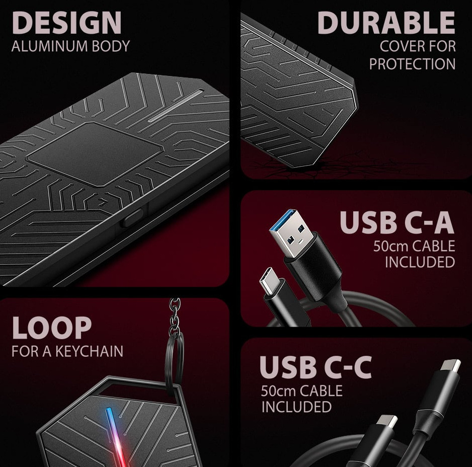 Externí rámeček Axagon GAME box, USB-C 10Gbps - NVMe & SATA SSD M.2 černý Na obrázku je reklamní koláž k externímu boxu AXAGON GAME. Grafika je rozdělená do několika panelů na černo-červeném pozadí a ukazuje hlavní prvky zařízení. Vlevo nahoře je detail kovového těla s herním reliéfním vzorem a textem o hliníkovém provedení. Vpravo nahoře je zdůrazněný ochranný kryt. Dole vlevo je box zavěšený na kroužku jako přívěsek a svítí na něm úzký RGB pruh. Vpravo jsou vyobrazené dodávané kabely USB-C na USB-A a USB-C na USB-C.