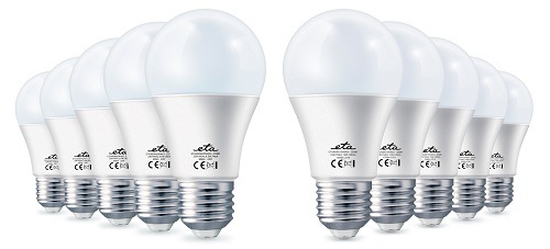 Sada 10 ks LED žárovek ETA E27 – kombinace 15W a 8,5W žárovek na bílém pozadí