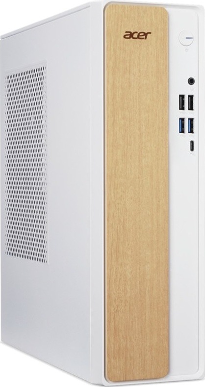 Počítač Acer Aspire XC-102 v úzké bílé skříni s předním panelem v dekoru světlého dřeva. Na přední straně jsou tlačítko napájení, zvukový konektor, čtyři porty USB-A a jeden USB-C. Levá bočnice je opatřena velkou ventilační mřížkou.