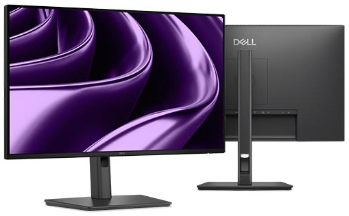 Přední a zadní pohled na černý monitor Dell Pro P2426H s tenkými rámečky, středovým stojanem, otvorem pro vedení kabelů a plochou obdélníkovou základnou.