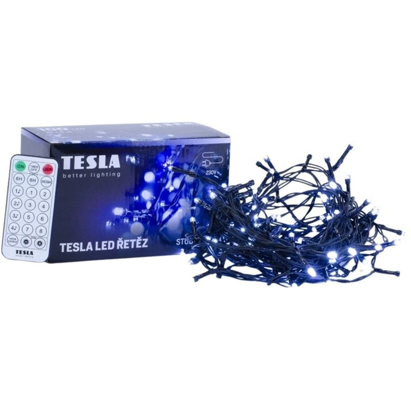 Vánoční osvětlení Tesla Lightning dekorativní řetěz, studený bílý, 100 LED, 10m + 5m kabel, 230V, ovladač s 8 funkcemi, IP44