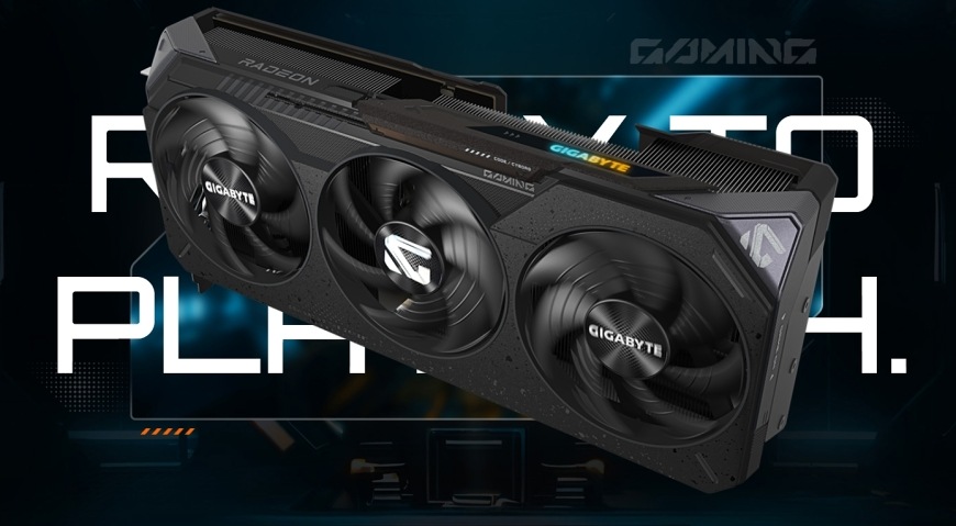 Grafická karta GIGABYTE Radeon RX 9070 XT GAMING 16G černá Grafická karta GIGABYTE Radeon RX 9070 XT GAMING 16G zobrazená v herním futuristickém prostředí