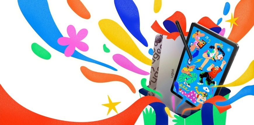 Grafický tablet UGEE UT2 černý Pestré barvy na pozadí a tablet UGEE UT2 s ilustrací v živých a jasných barvách
