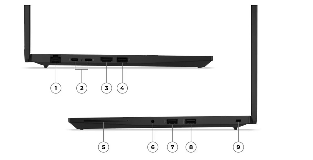 Notebook Lenovo ThinkPad L14 Gen 6 černý Boční pohled na notebook s porty označenými čísly 1 až 9. Horní porty zahrnují USB-C, HDMI, Ethernet; ty spodní čtečku karet, USB a audio konektor.