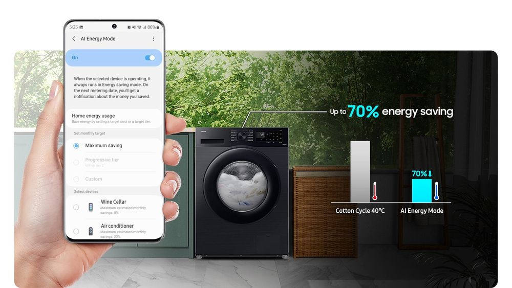 Pračka Samsung WW11DG5B25AELE bílá Režim AI Energy v mobilní aplikaci