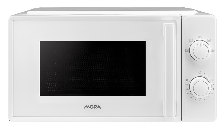 Mikrovlnná trouba Mora MT122W bílá Na tomto obrázku je přední pohled na mikrovlnou troubu Mora MT122W v bílém provedení