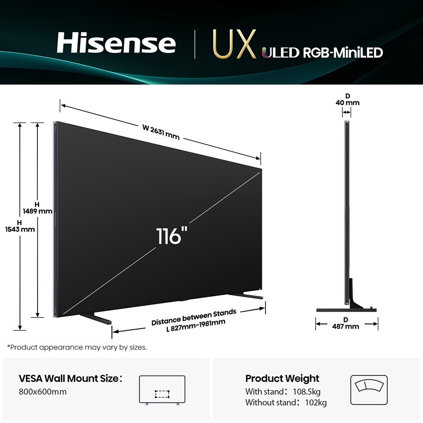 Televize Hisense 116UXQ Na obrázku jsou rozměry, vesa a váha televizoru Hisense 116UXQ