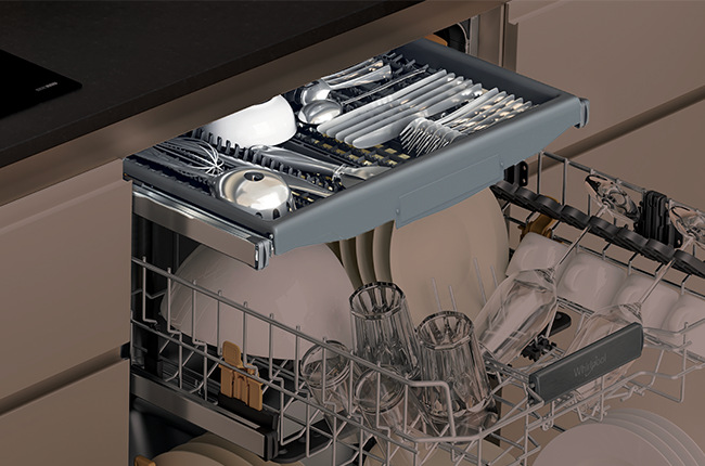 Myčka nádobí 45 Whirlpool WH6IA10BS7L0, vestavná, klasická příborová zásuvka se samostatně uloženými příbory a drobným nádobím