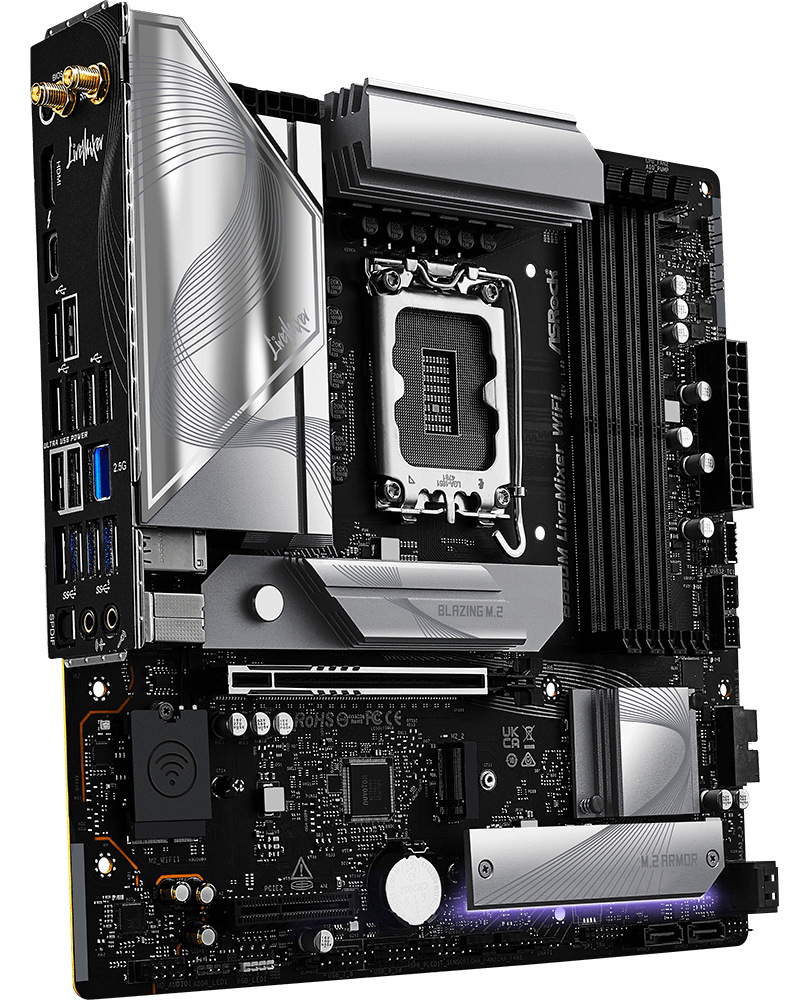 Základní deska ASRock B860M LiveMixer WiFi Základní deska ASRock B860M LiveMixer WiFi v moderním černo-stříbrném designu s výraznými chladiči a podporou DDR5 pamětí