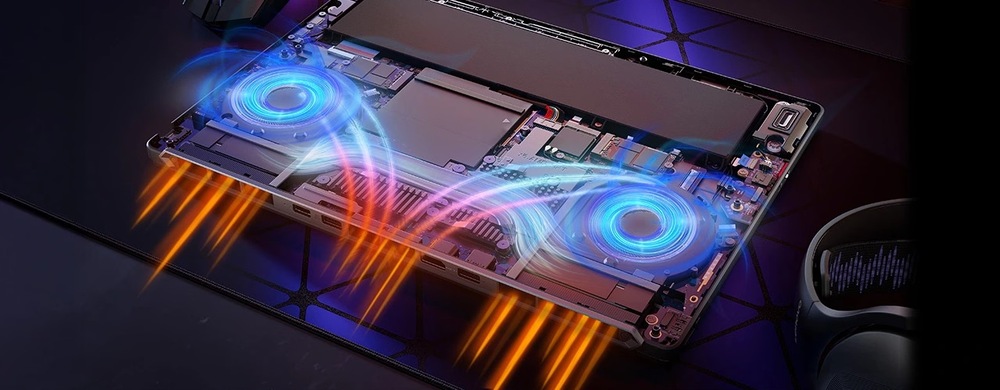 Pohled dovnitř notebooku Lenovo Legion 5a znázorňující proudění vzduchu přes dvojici ventilátorů chladicího systému