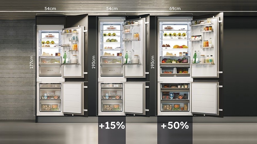 tři vestavné lednice haier s různými rozměry a procentuální nárůst kapacity modelů