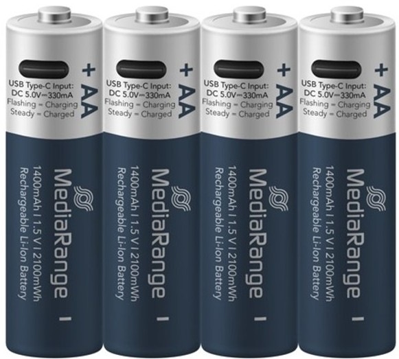 Nabíjecí USB-C Li-Ion baterie MediaRange Mignon AA, 1,5V, 1400 mAh v počtu 4ks