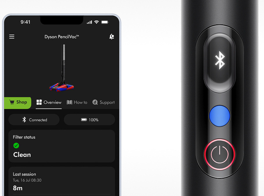 Aplikace MyDyson v mobilním telefonu a detail ovládání vysavače.