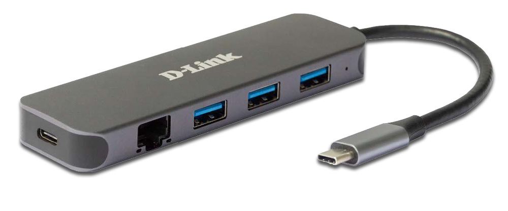 USB Hub D-Link 5v1 z USB-C na Gigabit Ethernet a funkcí Power Delivery šedý
