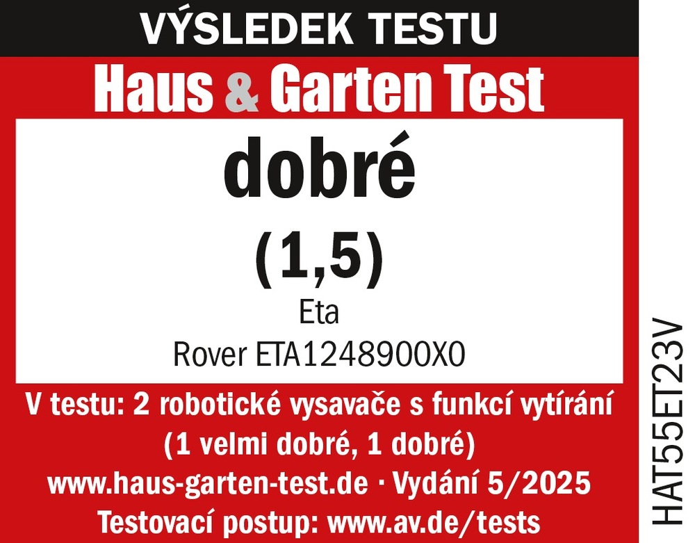 Červený testovací štítek Haus & Garten Test na robotický vysavač ETA Rover s hodnocením dobré a známkou 1,5