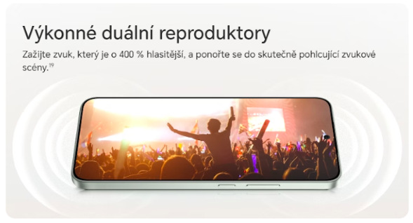 Mobilní telefon HONOR Magic8 Lite 5G s duálními reproduktory při přehrávání hudby