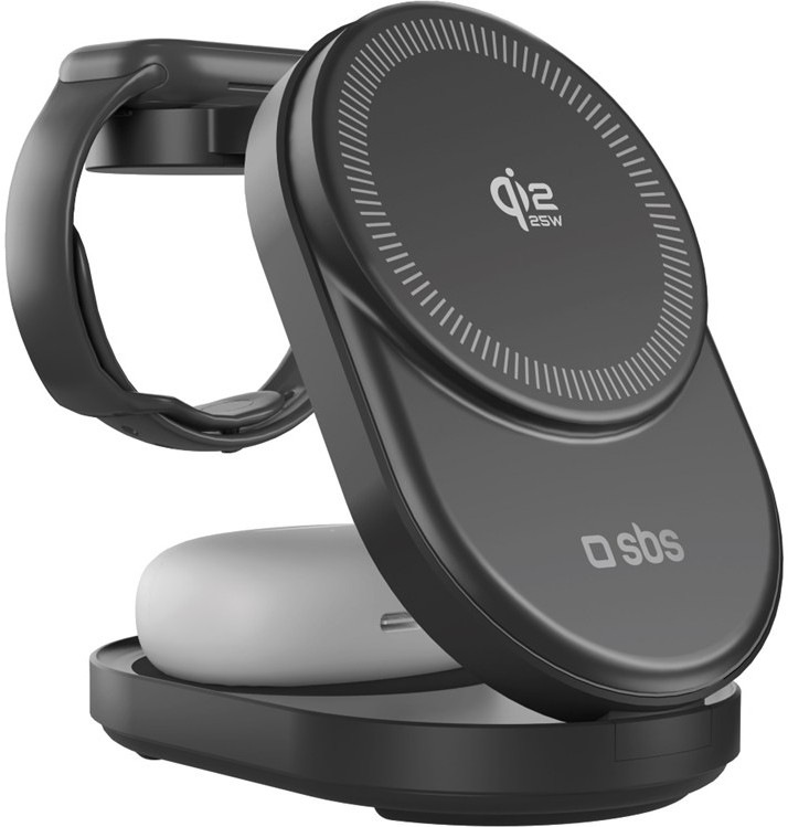 Bezdrátová nabíječka SBS Qi2 Folding 3-in-1 v černé barvě s celkovým výkonem 25 W