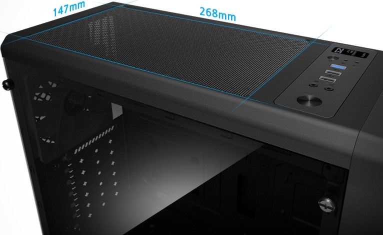 Detail PC skříně Case Zalman S2 s velkým magnetickým filtrem prachu v horní části