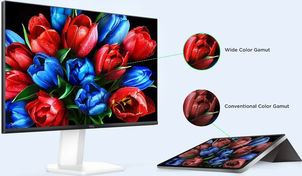 Monitor TCL 24G54 s porovnáním malého a širokého barevného gamutu