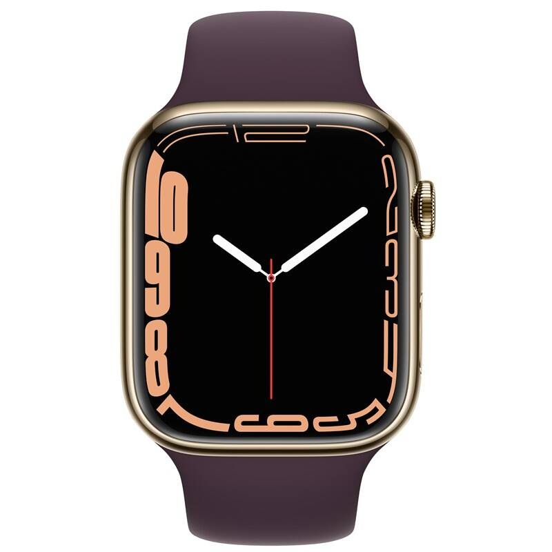 Chytré hodinky Apple Watch Series 7 GPS + Cellular, 45mm zlaté pouzdro z nerezové oceli - tmavě višňový sportovní řemínek