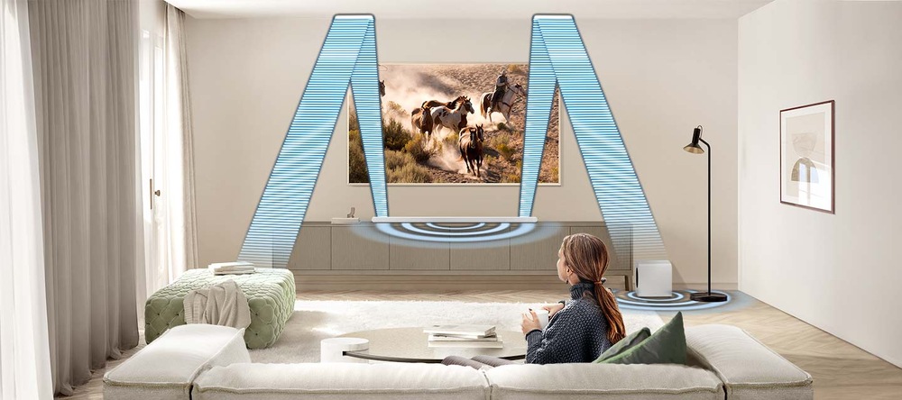 Samsung HW-S801D je umístěn na televizním stolku pod televizí Samsung Frame v obývacím pokoji, v popředí sedí žena na gauči, ze sounbaru vycházejí modré čáry znázorňující šíření zvuku