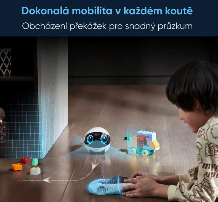 Mobilní IP kamera Enabot EBO Air 2 Plus objíždějící překážky na podlaze při pohybu po domácnosti