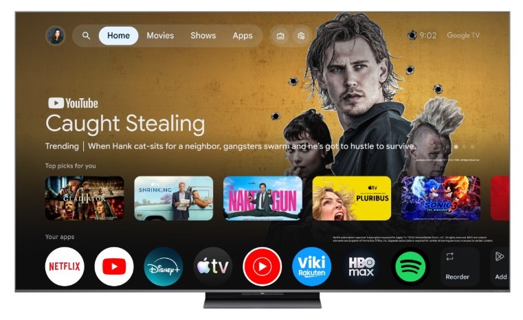 Chytrá televize TCL s Google TV, přehledné rozhraní s aplikacemi jako Netflix, YouTube, Disney+ a dalšími streamovacími službami.