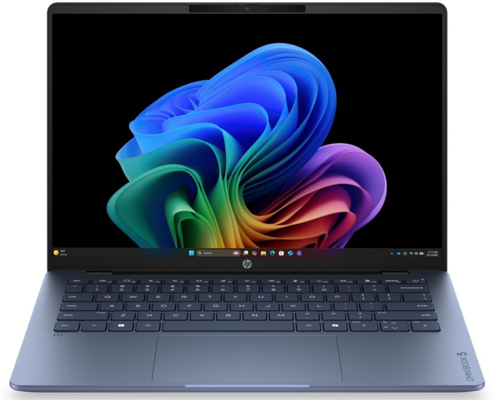 Notebook HP OmniBook 5 AI 14-hm0001ncx + Game Pass předplatné na 2 měsíce modrý Notebook HP OmniBook 5 v čelním pohledu s otevřenou obrazovkou
