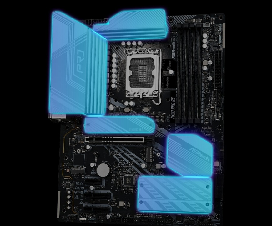 Základní deska ASRock Z890 PRO RS Přehled pasivního chlazení VRM, čipsetu a M.2 slotů na základní desce ASRock Z890 PRO RS