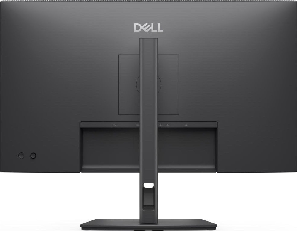 Zadní pohled na šedý monitor Dell Pro P2726H s centrálním stojanem, otvorem pro vedení kabelů a zapuštěným panelem konektorů ve spodní části.