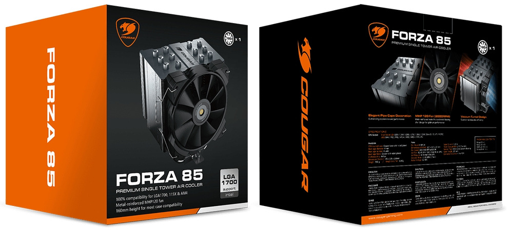 Na obrázku je balení chladiče COUGAR Forza 85 zobrazené zepředu i zezadu. Krabice má černo-oranžový design s logem COUGAR; na přední straně je velká fotografie věžového chladiče s 120mm ventilátorem a výrazný nápis „FORZA 85“, doplněný štítkem o podpoře Intel LGA 1700. Zadní strana ukazuje další produktové rendery a obsahuje bloky s popisem funkcí a technickými specifikacemi v několika jazycích.