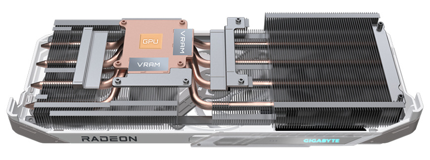Chladič grafické karty GIGABYTE Radeon RX 9060 XT Gaming s heatpipe pro efektivní odvod tepla