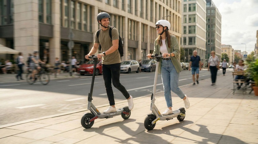 Elektrická koloběžka Sencor SCOOTER S71 DARK černá/šedá Dvojice jezdců na elektrických koloběžkách Sencor SCOOTER S71 DARK v městském provozu.