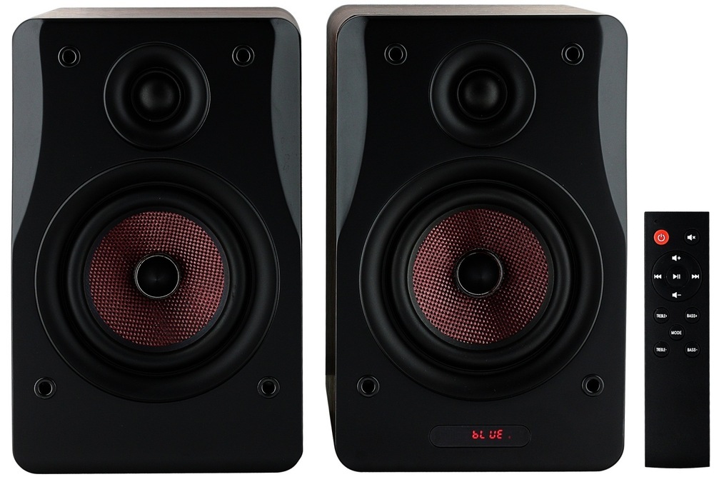 Reproduktory AKAI AHS-600A (2 ks) černý/hnědý Reproduktory Akai AHS600A zezadu, čelní pohled na basový reproduktor a výškový měnič.
