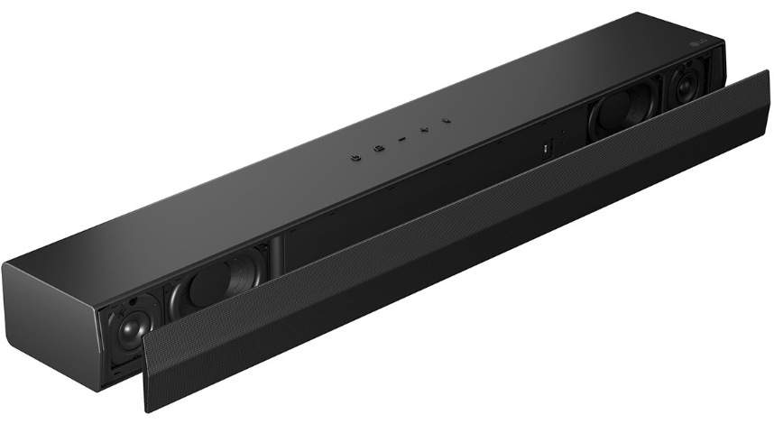 Soundbar LG S20A s odkrytým předním panelem zobrazujícím vnitřní reproduktory