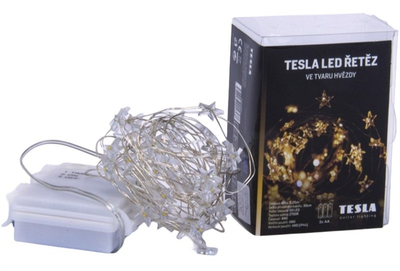 Vánoční osvětlení Tesla Lightning dekorativní nano řetěz hvězda, 50 LED, 5 m +30 cm, 3x AA baterie, časovač, IP44