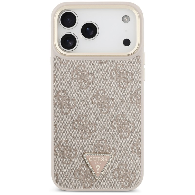 Kryt na mobil Guess PU Leather 4G Triangle Logo Gold Frame MagSafe na Apple iPhone 17 Pro Max - růžový