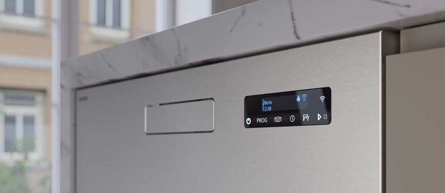 Detailní záběr na přední ovládací panel myčky Asko DBI344IBS