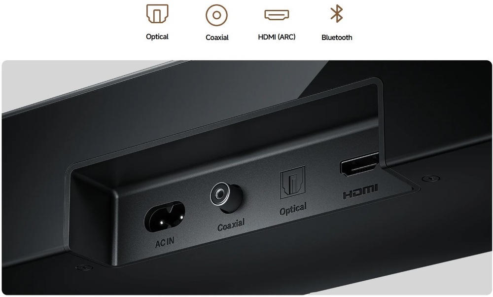 Detail zadního panelu soundbaru Xiaomi PRO 2.1 ch s porty HDMI ARC, optickým a koaxiálním vstupem