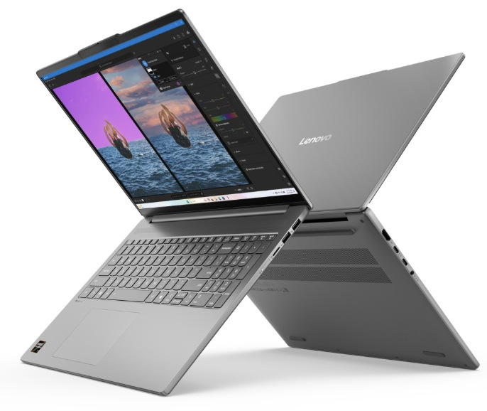 Notebook Lenovo IdeaPad Slim 5 16AKP10 šedý Dva notebooky Lenovo IdeaPad Slim 5 16AKP10 s pohledem na displej, víko a spodní část