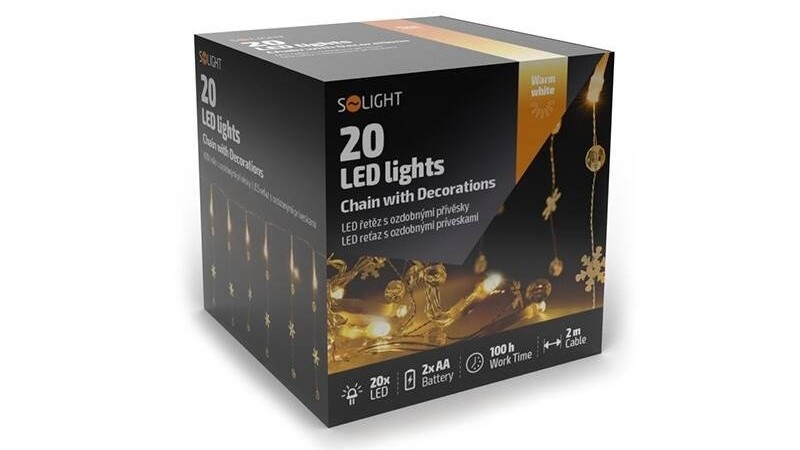 Vánoční osvětlení Solight řetěz s ozdobnými přívěšky 20LED, 2m, 2x AA