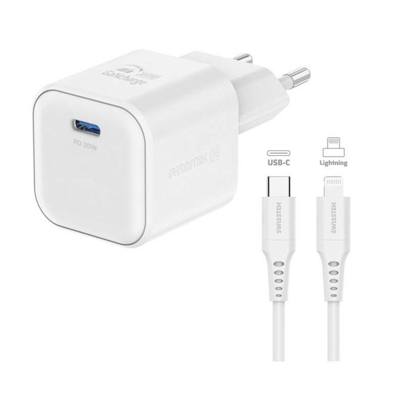 Nabíječka do sítě Swissten GAN 1x USB-C 20W PD + Datový kabel USB-C/Lightning 1,2 M bílá